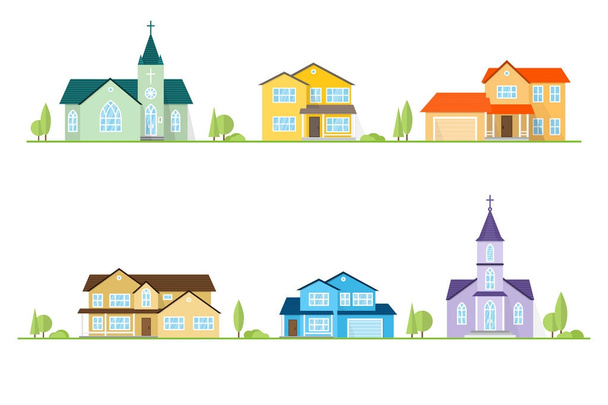 Wijk met huizen en kerken geïllustreerd op wit. - Vector, afbeelding