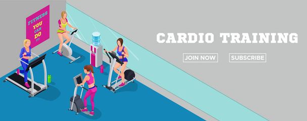 Баннер спортивного клуба, изометрическая иллюстрация фитнес-кардио тренировка
 - Вектор,изображение