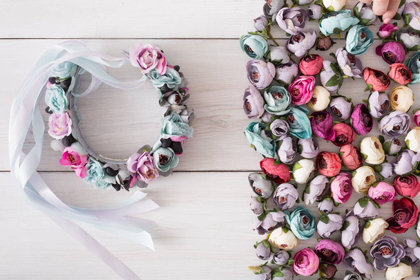 Beautiful headbands with flowers flat lay - Photo, Image