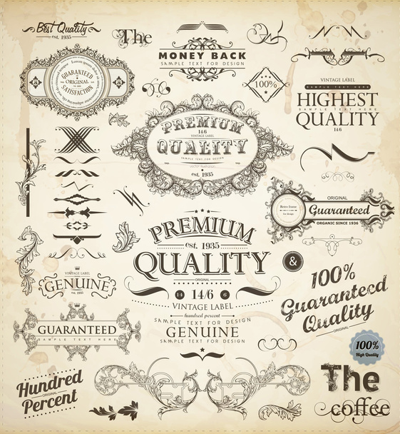 Vector set of calligraphic design elements: page decoration, Premium Quality and Satisfaction Guarantee Label, antique and baroque frames - Vetor, Imagem