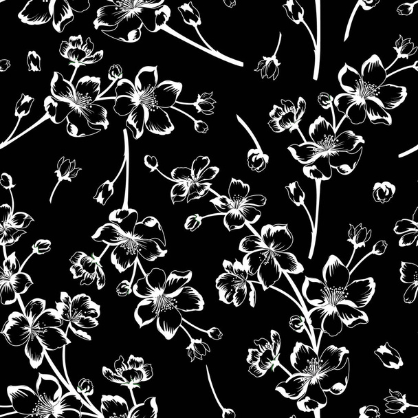 Vector illustration of black and white spring blossom seamless pattern - Wektor, obraz