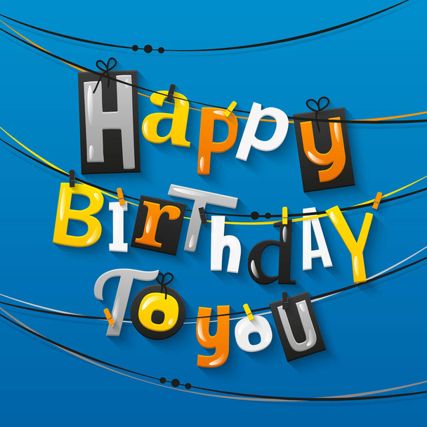 Happy birthday greeting card. Clothespins and colorful letters hanging on rope. Vector. - Vector, Image