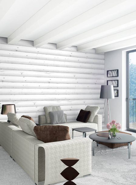 Loft dormitorio en diseño interior de estilo moderno con pared ecléctica y elegante sofá. Renderizado 3D
. - Foto, imagen