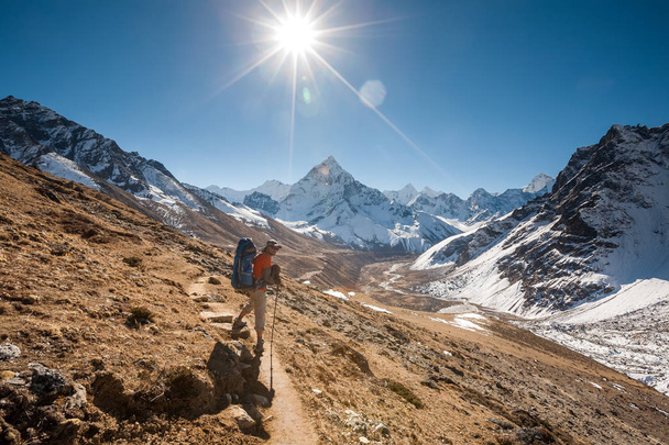 Trekker in Khumbu valley in front of Abadablan mount on a way to - Foto, Bild