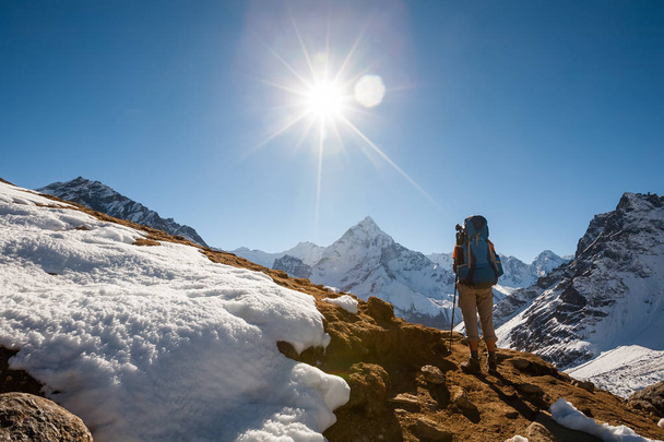 Trekker in Khumbu valley in front of Abadablan mount on a way to - Foto, afbeelding
