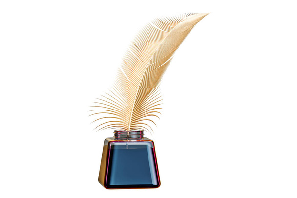 Golden feather and ink bottle, 3D rendering - Fotografie, Obrázek