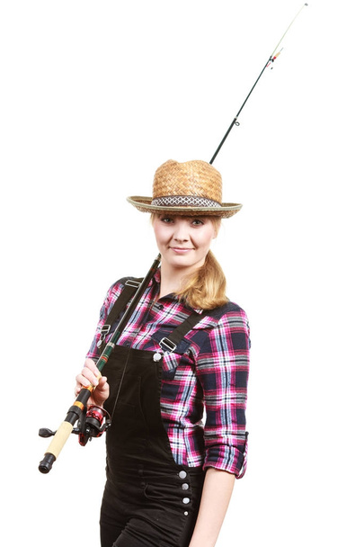 Happy woman in sun hat holding fishing rod - Zdjęcie, obraz