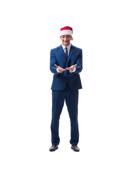 Young busnessman wearing santa hat in christmas concept on white - Zdjęcie, obraz