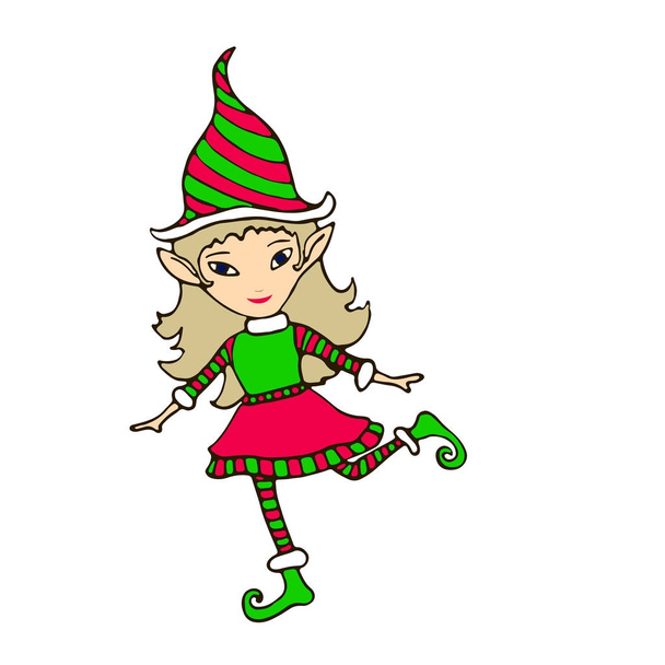 Hand drawing cute elf in a cap, isolated on white background, ca - Vector, Image