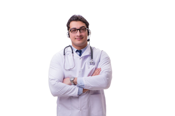 Fiatal orvos telefon fejhallgató elszigetelt fehér - Fotó, kép