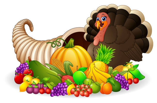 Corne de Thanksgiving de maïs abondante pleine de légumes et de fruits avec oiseau de dinde de dessin animé
 - Vecteur, image