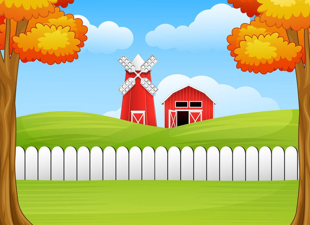 Cartoon boerderij landschap met molen en schuur - Vector, afbeelding