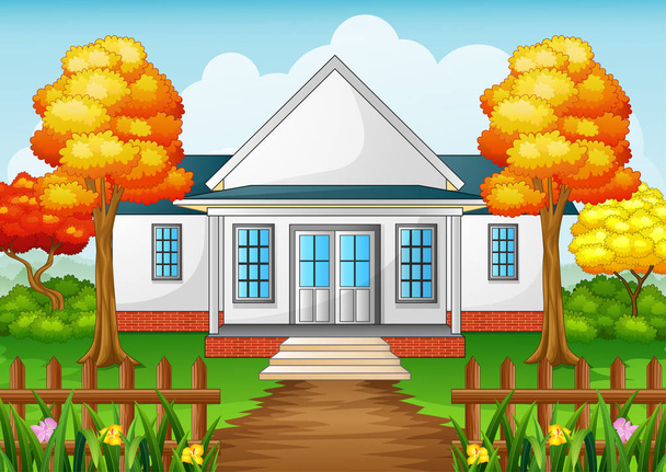 Karikaturní domu v podzimní sezóně s zelenou zahradu a dřevěný plot - Vektor, obrázek