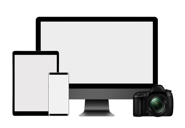 現代のコンピューター モニター、タブレット pc の高いセットの 3 d 図,  - 写真・画像