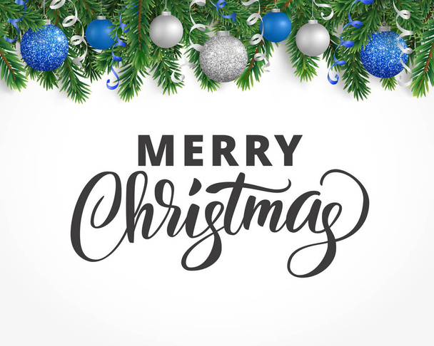 Greeting card with fir tree garland, ornaments and Merry Christmas text - Vektör, Görsel
