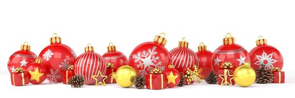 3D рендеринг - красные и золотые рождественские безделушки на белом фоне
 - Фото, изображение