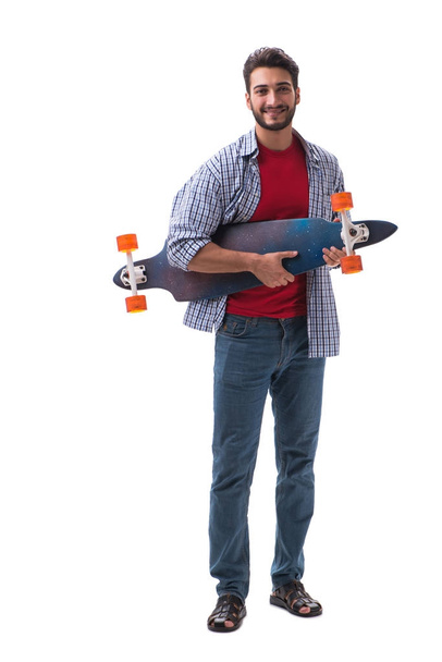 Молодой скейтбордист с длинным скейтбордом изолирован на белом - Фото, изображение