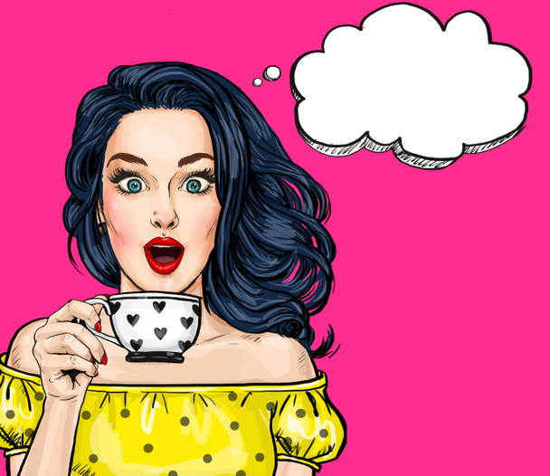 Surprised young sexy woman with open mouth with cup.Comic woman. Amazed women. Pop Art girl. love, wow, wake up, lifestyle, style, model, sexy, flirt, disco girl, naive, romantic, look, cappuccino  - Photo, Image