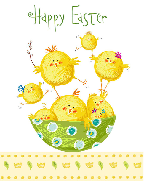 Boldog húsvéti üdvözlőlap. Aranyos csirke stílusos színek szöveggel. Koncepció tavaszi rajzfilm üdvözlőlap-ünnep. Gratulálunk a húsvét  - Fotó, kép