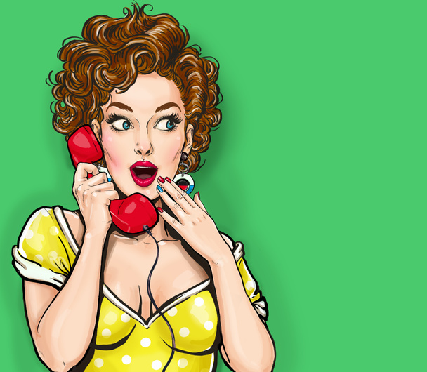 Surprised  sexy woman with retro telephone.Advertising poster.Comic woman.Gossip girl. Call me. flirting, poster, wow, comic, talk, conversation, cool, - Photo, Image