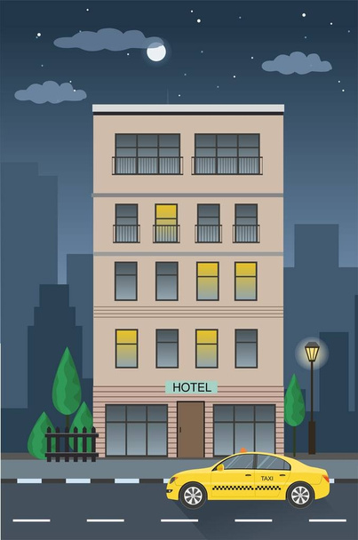 Vector hotel building and taxi service. Night time. - Vector, Image