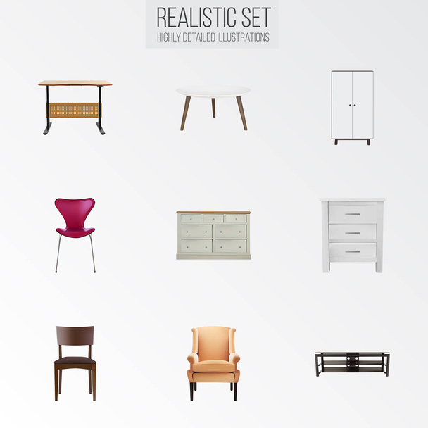 Reális kényelmes, szekrény, széklet és egyéb vektoros elemek. Bútor reális szimbólumok is tartalmaz komód, fotel, objektumok étterem. - Vektor, kép