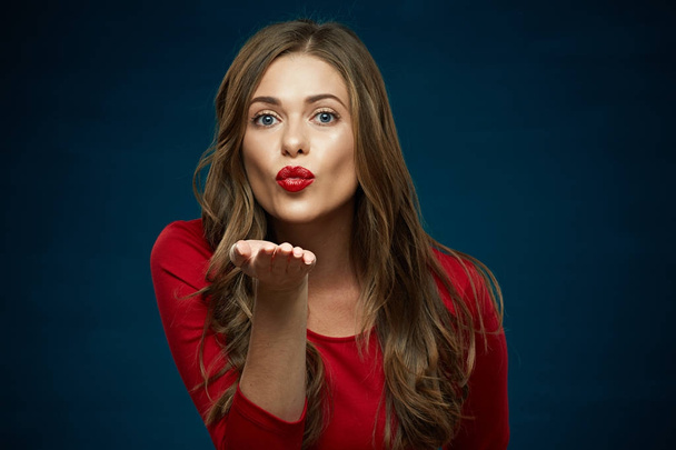 woman send air kiss with red lips.  - Photo, Image