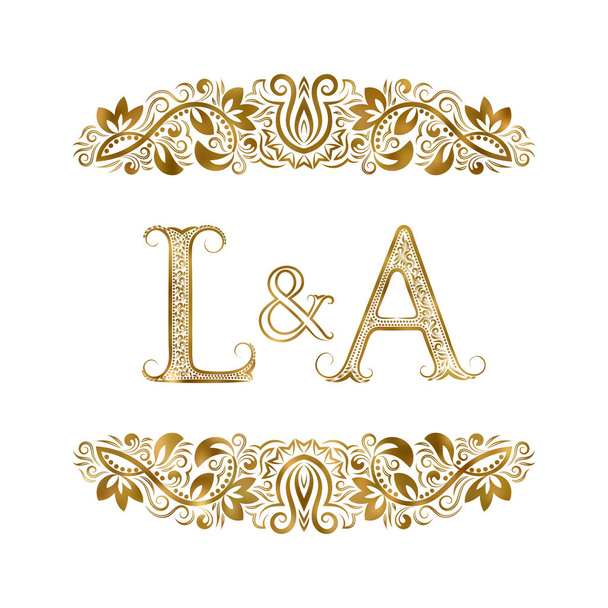 L ja vintage nimikirjaimet logo symboli. Kirjeitä ympäröivät koriste-elementit. Häät tai liikekumppanit monogrammi kuninkaalliseen tyyliin
. - Vektori, kuva