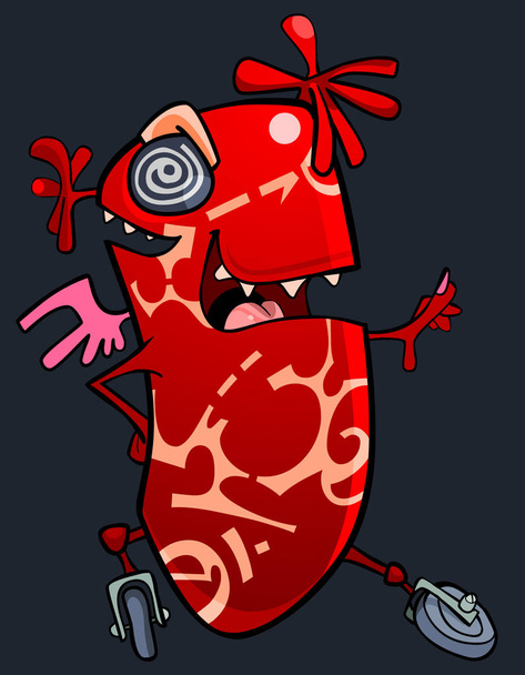 cartoon funny fantasy character red creature on wheels - Вектор, зображення