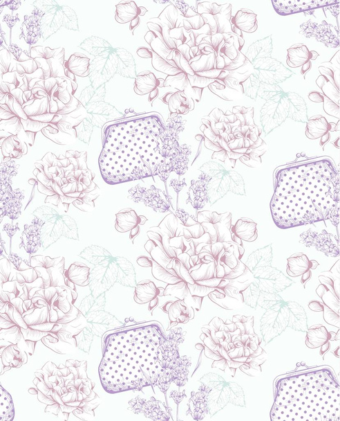 Vintage handbags and flowers pattern. Line art hand drawn backgrounds - Vettoriali, immagini