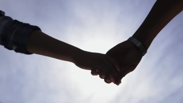 Lage hoekmening van onherkenbaar romantisch paar strating te houden handen als ze stand samen en vervolgens ertussen - Video