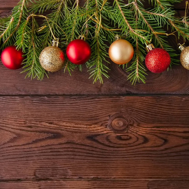 Weihnachtliche Kulisse. Tannenzweige, rot-goldene Weihnachtsbäume - Foto, Bild