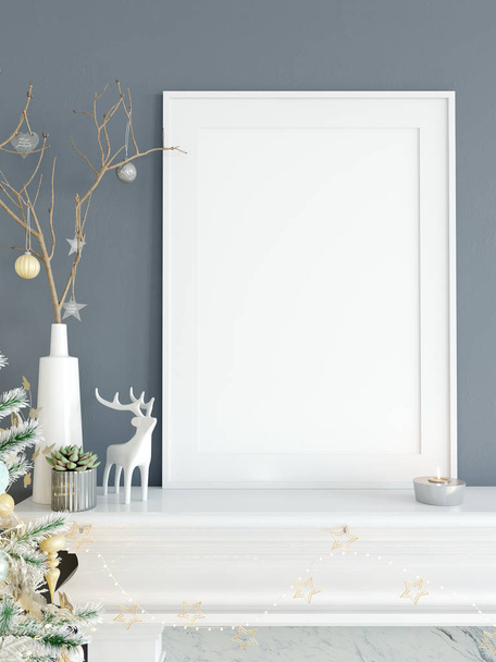 bespotten van affiches in woonkamer kerst interieur. Interieur Scandinavische stijl. 3D-rendering, 3d illustratie - Foto, afbeelding