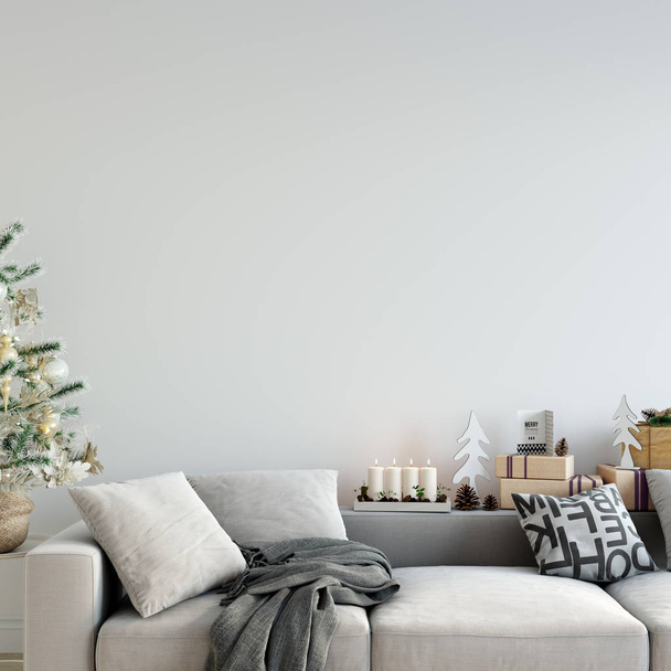 Makieta Boże Narodzenie wnętrza ściany. Skandynawski styl. Na ścianę. renderowania 3D, 3d ilustracja - Zdjęcie, obraz
