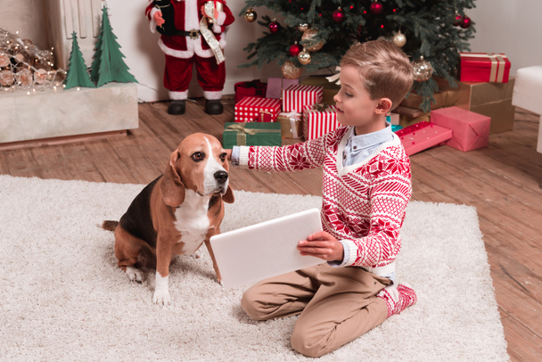 boy showing tablet to dog on christmas - 写真・画像