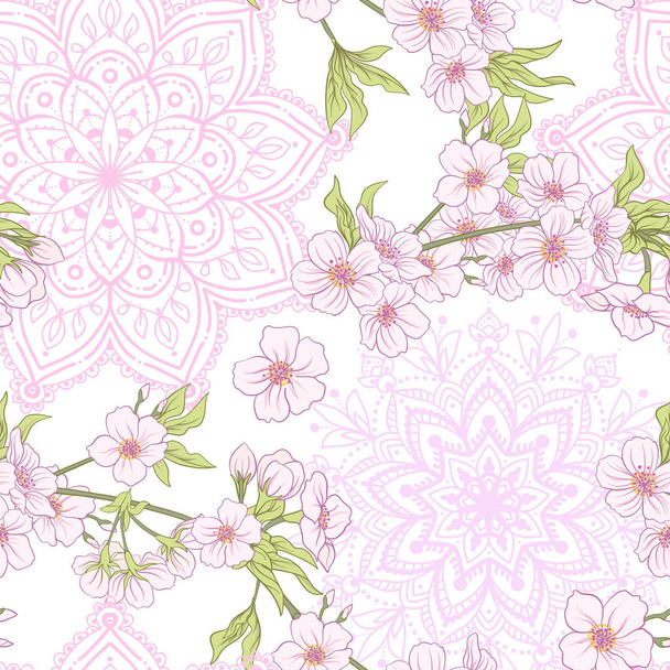 Seamless pattern with Japanese blossom sakura. Vector stock illu - Vetor, Imagem