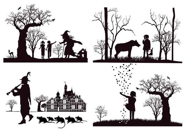 Sprookjes, Hans en Grietje, Little Red Riding Hood, Pied Piper - Vector, afbeelding