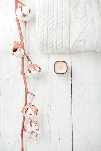 Winter Christmas flatlay in nordic style with white sweater - Photo, Image