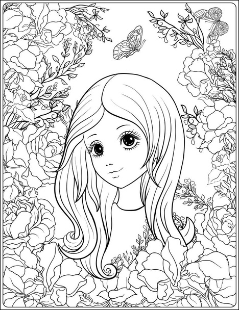 Young nice girl with long hear in the garden of roses. Outline d - Vektor, obrázek