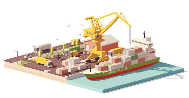 Τερματικό σταθμό εμπορευματοκιβωτίων λιμάνι χαμηλή poly διάνυσμα και το πλοίο - Διάνυσμα, εικόνα