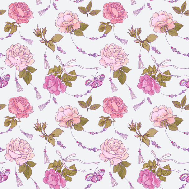 Απρόσκοπτη μοτίβα με ροδαλά λουλούδια και πεταλούδες σε ροζ και - Διάνυσμα, εικόνα