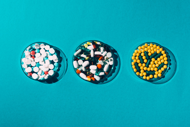 pastillas de colores en placas de Petri
 - Foto, Imagen