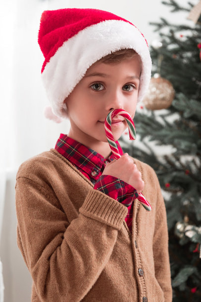 boy in santa hat with candy cane - Foto, Bild