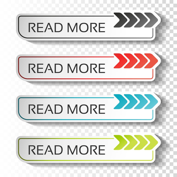 Vector read more buttons with arrow pointer. Black, blue, red and green labels. Stickers with shadow on transparent background for business, information page, menu, options, navigation. - illustration - Vektor, kép
