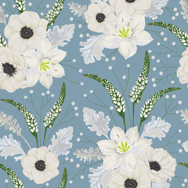 Seamless pattern with white anemone flowers, eucharis lily, dusty miller, snapdragons and gypsophila. Vintage winter floral elements. Hand drawn vector illustration in watercolor style - Vector, Image