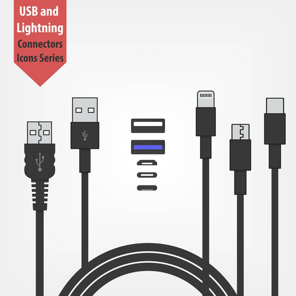 set of usb and Lightning interface black cables  - Vector, Image