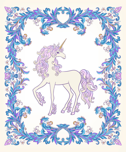 Unicorn in the frame, arabesque in the royal, medieval style in - Vettoriali, immagini
