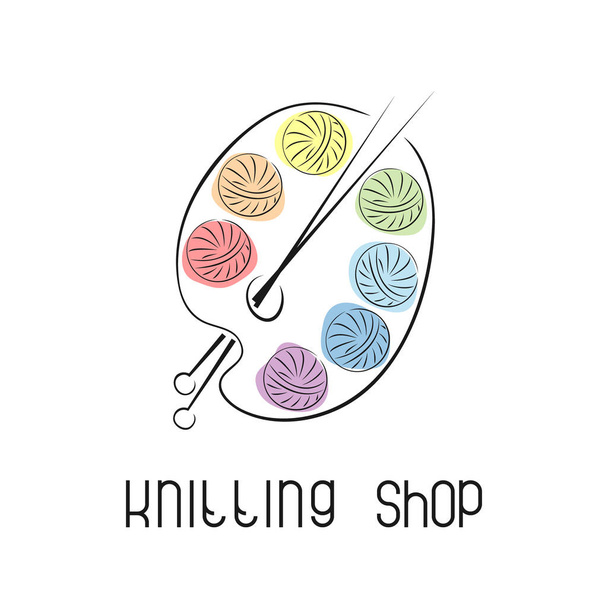 Emblem with yarn and knitting needles. Logo for knitting club, yarn store, handmade artist. - Vector, Image