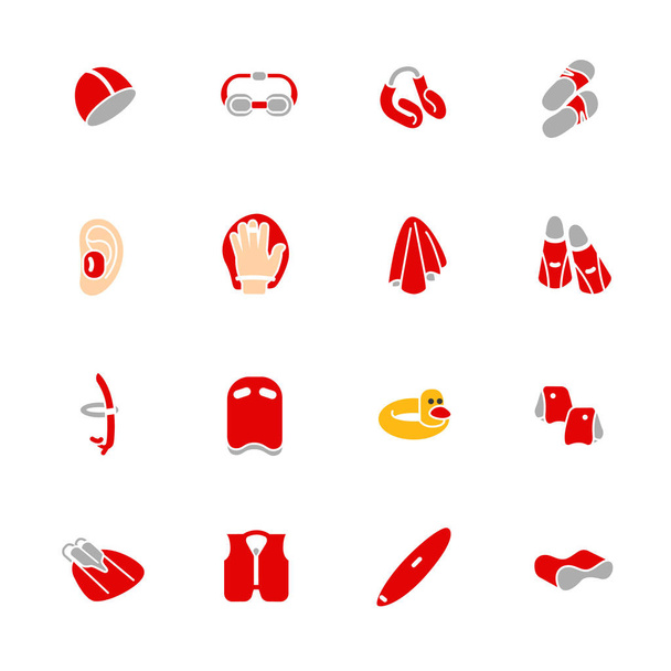 Иконки аксессуаров для плавания и водных видов спорта в стиле цветного глифа
 - Вектор,изображение