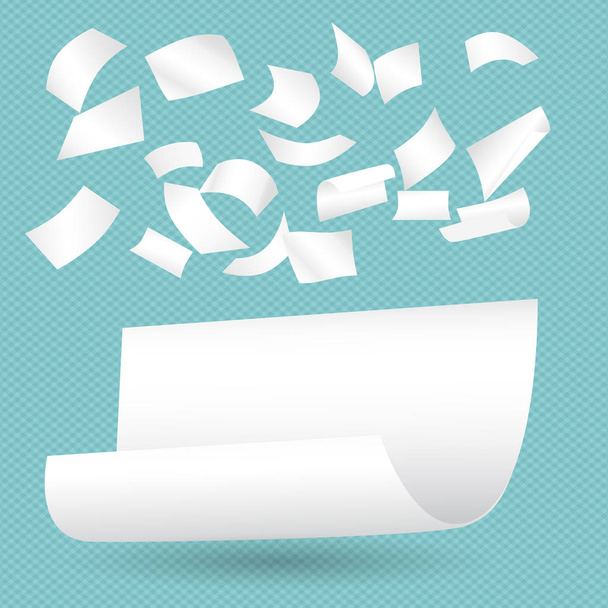 Folhas brancas de caderno de papel ondulado com sombra para nota ou mensagem caindo em fundo quadrado turquesa
 - Vetor, Imagem